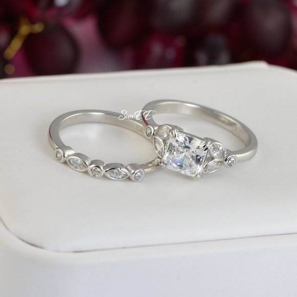 14k WHITE GOLD 925 STERLING SILVER PRINCESS CUT WEDDING BAND ENGAGEMENT RING - Picture 8 of 11